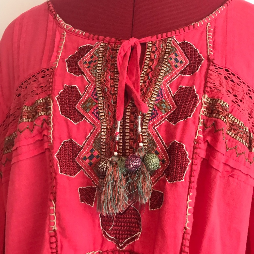 Sundance Coral Red Embroidered Boho Blouse - Picture 7 of 13